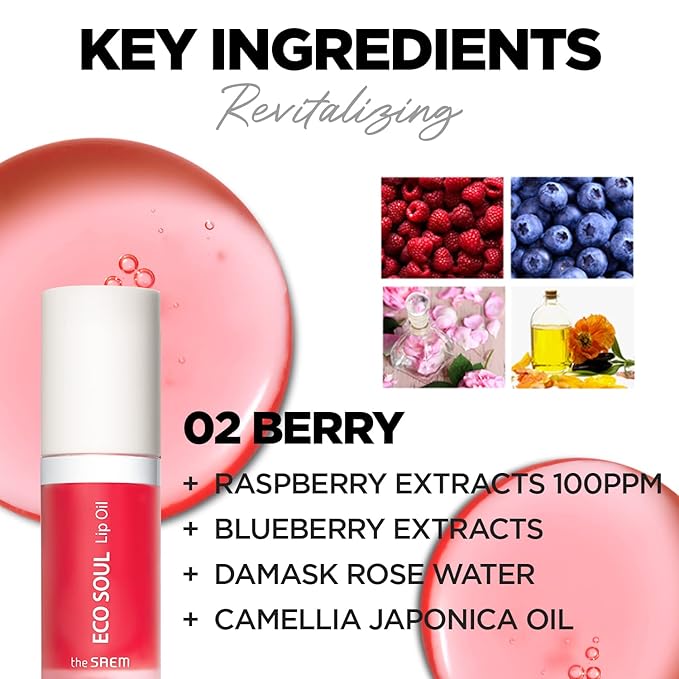 THESAEM Eco Soul Lip Oil 02 Berry - Plumping & Hydrating Lip Oil to Nourish & Moisturize Lips – Berry Extract & Rose Water - Lips Soft & Glossy for Dry Lips, 0.21 fl.oz.-VivaGrace Women