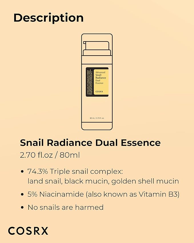 COSRX Niacinamide 5% + Snail Mucin 74% Dual Essence, Anti aging Face Serum for Dull Skin, Hydrating, Brightening, Repairing, 2.70 fl.oz / 80ml, Sensitive Skin, Not Tested on Animals, Korean Skincare-VivaGrace Women
