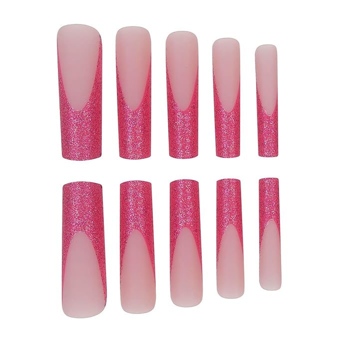 XL Press on Nails,Long Press on Nails with Design Square Press on False Nails French Tip Glue on Nails for Women 24pcs (Pink)