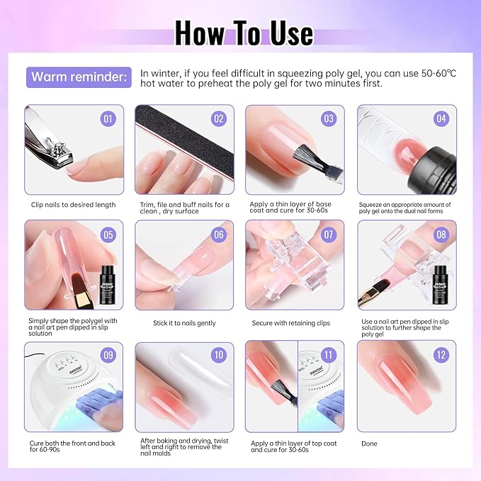 JEWHITENY Poly Gel Nail Kit 14 Colors - Yellow Nude Pink Blue Purple Glitter Tones Starter Kit with UV Lamp Base & Top Coat All-in-One Gift for Women Need U V Light Curing-VivaGrace Women