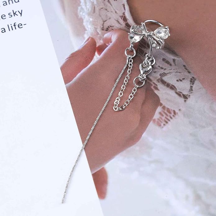 Vintage Crystal Bow Ear Cuff Earrings Rhinestone Bow Cuff Earrings Silver Long Chain Tassel Earrings Cz Chain Dangle Earrings Jewelry for Women-VivaGrace Women