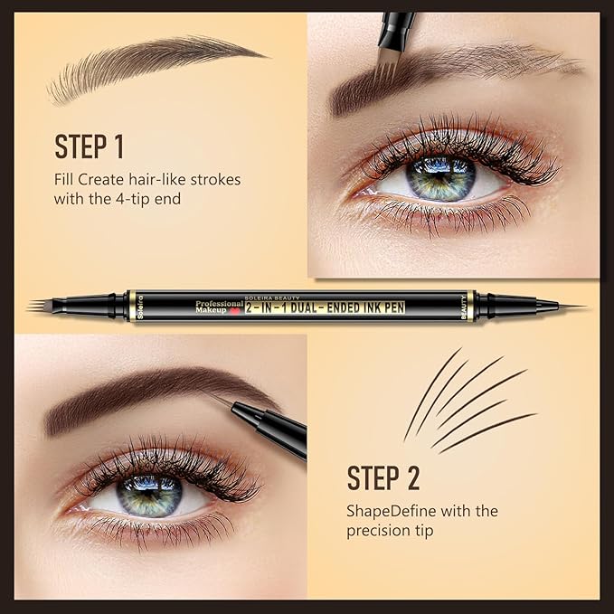 Eyebrow Pen, Soleira Waterproof Eyebrow Pencil with 4 Tip Microblading Eyebrow Pen and Dual-ended Eyebrow Brush, for Natural-Looking Brows, Long-Lasting, COFE Dark Brown