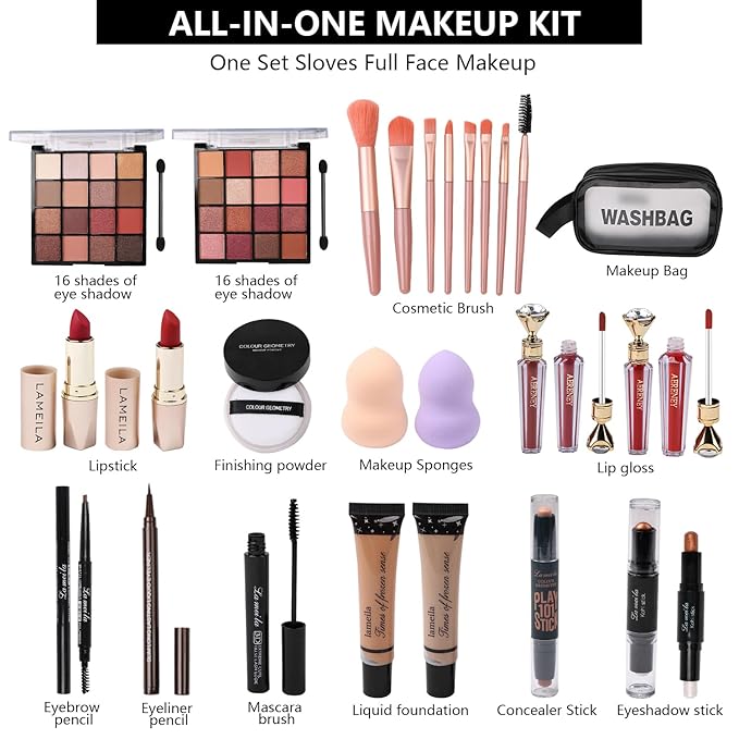 All in One Makeup Kit For Women Girls Teens 2x16 Colors Eyeshadow Palette Liquid Foundation Eyeliner Pencils Contouring Stick Lip Gloss Eyebrow Pencils Mascara Powder Puff Makeup Brushes Makeup sets-VivaGrace Women