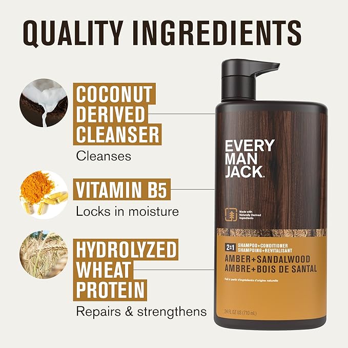 Every Man Jack 2-in-1 Daily Shampoo + Conditioner - Amber + Sandalwood | Nourishing For All Hair Types, Naturally Derived, Cruelty-Free Shampoo and Conditioner Set for Men | 24oz -1 Bottle-VivaGrace Women