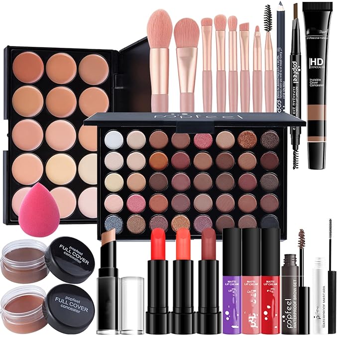 MAEPEOR All In One Makeup Kit for Girls Women 27 Piece Full Makeup Gift Set with Eyebrow Pencil Eyeliner Eyeshadow Palette Mascara Foundation Concealer Lip Gloss Lipstick Makeup Remover Makeup Brush (POP004B)-VivaGrace Women