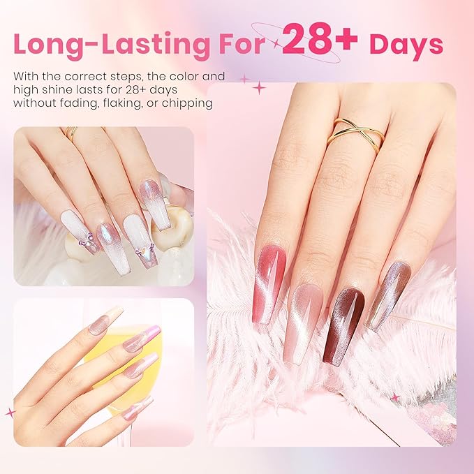 Crystal Cat Eye Gel Nail Polish 12 Colors Cateye Magnetic Nail Polish Gel Silver Nude Pink Cats Eye Gel Polish with Magnetic Stick Christmas Nail Art Manicure Salon DIY Home Gift for Women