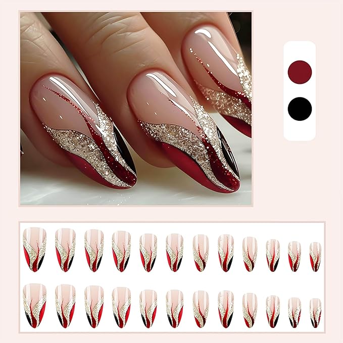 Press on Nails for Women,Almond Press on Nails French Tip Fake Nails Medium False Nails with Gold Glitter Designs Full Cover Glue on Nails Sparkly Artificial Nails Cute Stick on Nails 24Pcs