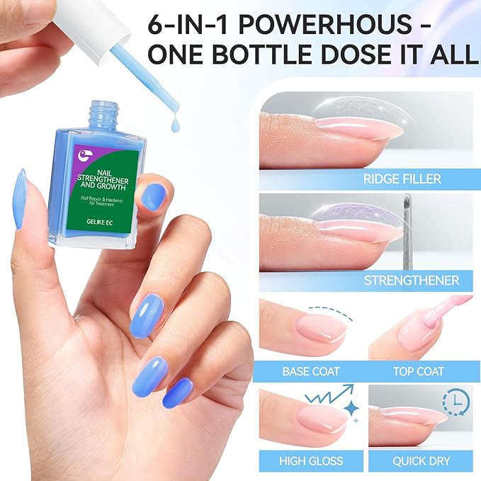 gelike ec Protein Nail Polish Strengthener and Growth: Azure Blue 15ml 6 in 1 Natural Nail Strengthener for Damaged Nails - Long Lasting Nail Hardener and Strengthener - For Daily Home Salon