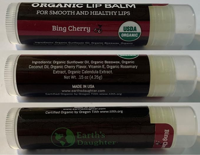 USDA Organic Lip Balm 4-Pack by Earth's Daughter - Cherry Flavor, Beeswax, Coconut Oil, Vitamin E - Best Lip Repair Chapstick for Dry Cracked Lips.-VivaGrace Women