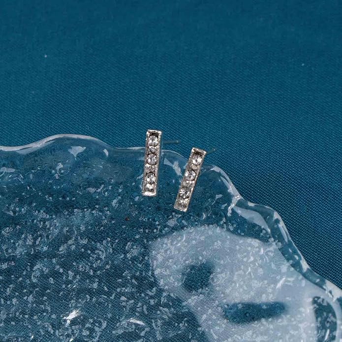 Geometric Crystal Bar Earrings Silver Cz Bar Stick Earrings Cz Rhinestone Bar Stud Earrings Silver Minimalist Earrings Jewelry for Women and Girls-VivaGrace Women