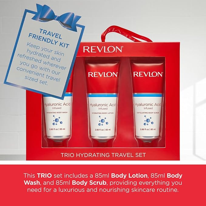 REVLON Get Carried Away Trio Hydrating Travel Set, Hyaluronic Acid Infused, Hydrating Body Wash, Body Lotion, Exfoliating Body Scrub, 3 Count (2.88 fl oz)-VivaGrace Women