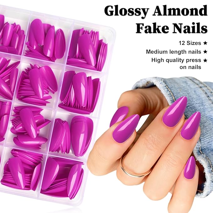 LoveOurHome 240pc Almond Press on Nails Medium Fake Nail Tips Full Cover Lavender Glue on Nails Artificial Fingernail Short Stiletto Nails Press ons False Nail & Adhesive Tabs for Women Girls Kids