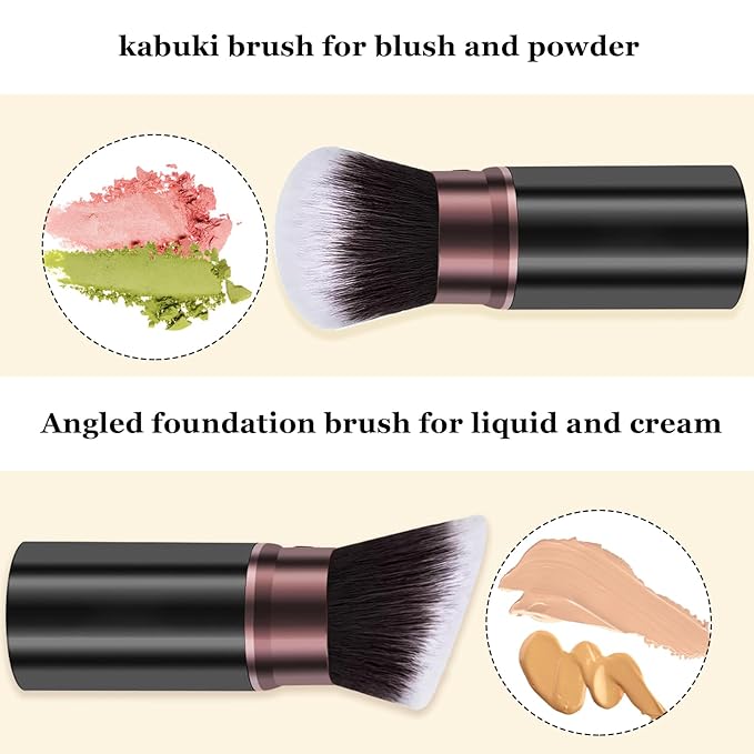 Retractable Makeup Brush, Travel Kabuki Powder Makeup Brush 2 Pack, Foundation Face Blush Brushes for Blending Liquid, Blush, Bronzer, Buffing, Sunscreen,Flawless Cosmetics-VivaGrace Women