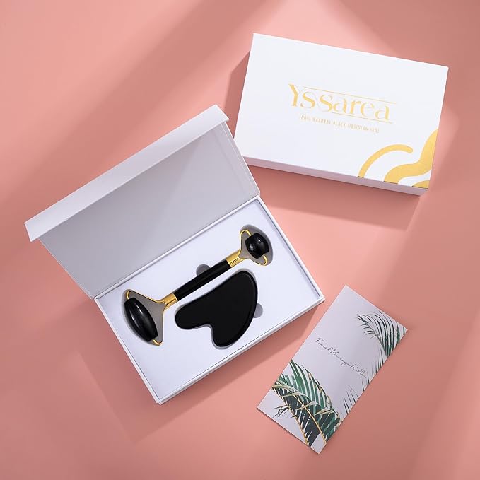 Yssarea Obsidian Roller and Gua Sha - Face Roller | 100% Natural Obsidian Stone Set | Dual Sided Face Massager | Reduces Signs of Aging, Black-VivaGrace Women
