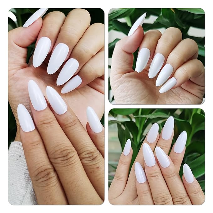 LoveOurHome 240pc Short Almond White Press on Nails Colored Fake Nail Tips Full Cover Artificial Fingernail French Stiletto Manicure with Adhesive Tabs for Women Girls Kids