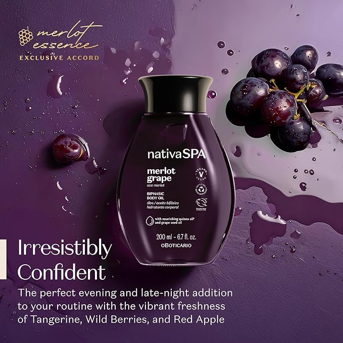 Nativa SPA by O Boticário Merlot Grape Biphase Body Oil, with Quinoa & Grapeseed Oils, Silky Glow with Hydration, 6.7 Ounce (200ml)-VivaGrace Women