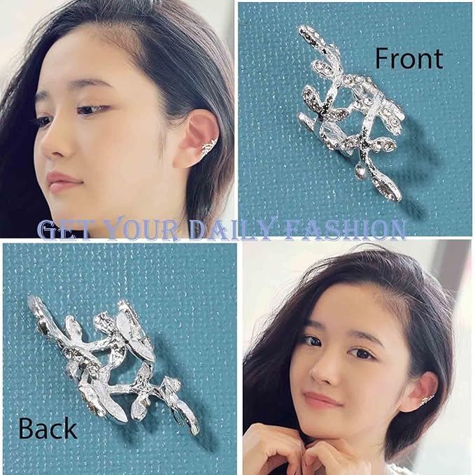 Boho Cz Leaf Ear Cuff Earrings Silver Ear Crawler Earrings Paved Rhinestone Cartilage Cuff Earrings Non Piercing Ear Cuff Wrap Earrings Jewelry for Women and Girls Gifts-VivaGrace Women