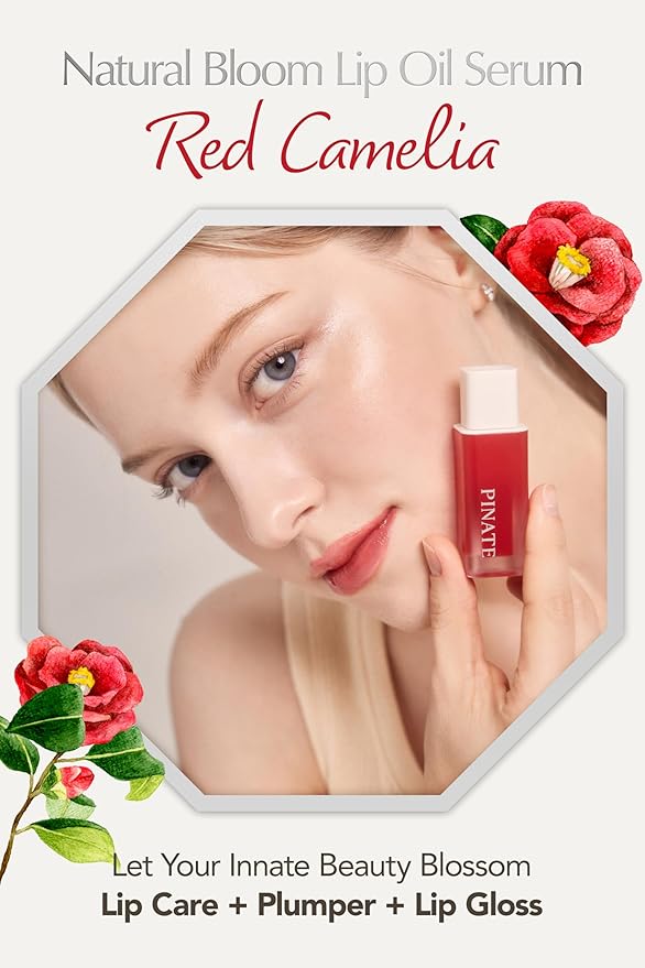 Natural Bloom Korean Lip Oil Serum 0.14 fl oz | Moisturizing Lip Booster Plumping Oil Tint Serum Enriched w/Camellia & Safflower Oils | Non-Irritating Color Changing Lip Oil (Red Camelia)-VivaGrace Women