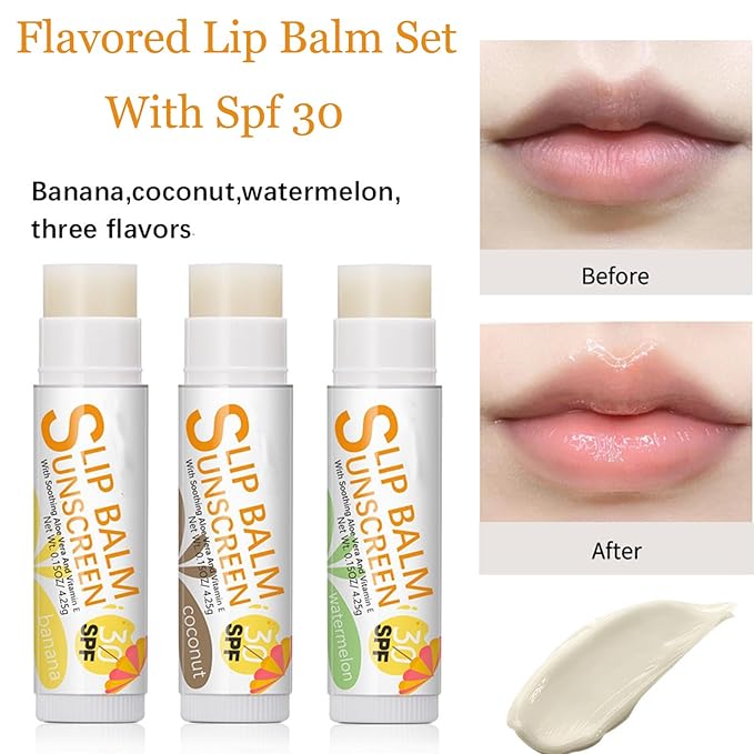 Spf 30 Lip Balm, 3Pcs Sunscreen Lip Balm, Lip Balm With Spf, Flavored Lip Balm, Vitamin E Lip Balm Set, Aloe Vera Hydrating Lip Balm for Women Gilrs-VivaGrace Women