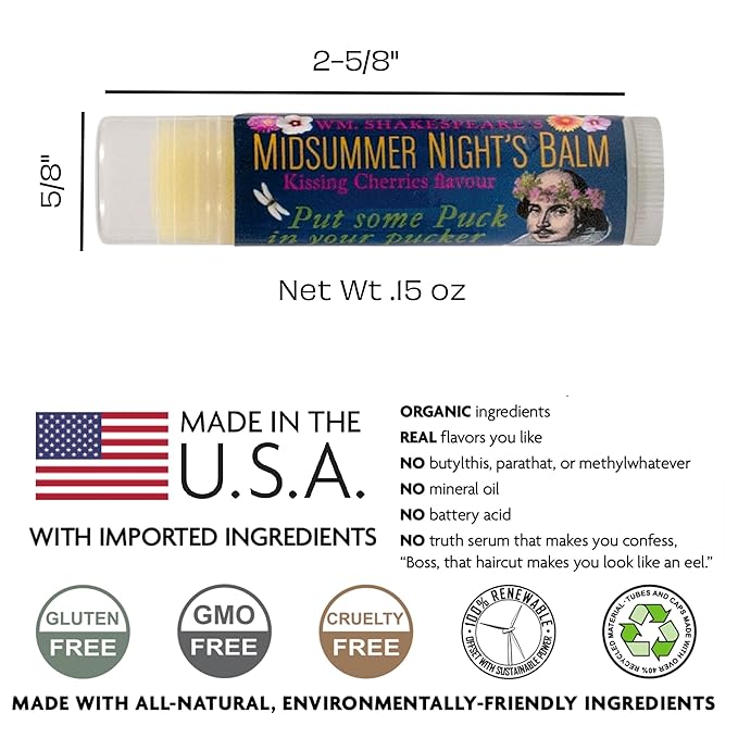 Shakespeare's Midsummer Night's Lip Balm Tube, Cherry Flavored - Cruelty-Free and Made in the USA from Natural and Imported Ingredients-VivaGrace Women