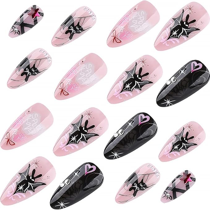 24Pcs Cute Cat Nails Halloween Press on Nails Medium Almond Fake Nails with Gothic Bat Heart Bow Rhinestones Design Y2k Glitter False Nails Halloween Full Cover Artificial Glue on Nails for Women DIY