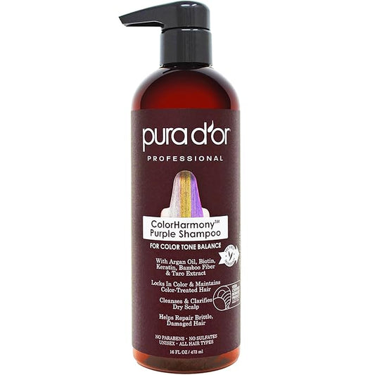 PURA D'OR 16 Oz ColorHarmony Purple Shampoo For Bleached, Blonde, Silver & Color Treated Hair - Keratin, Bamboo Fiber, No Sulfates, Select Natural Ingredients - Men & Women-VivaGrace Women