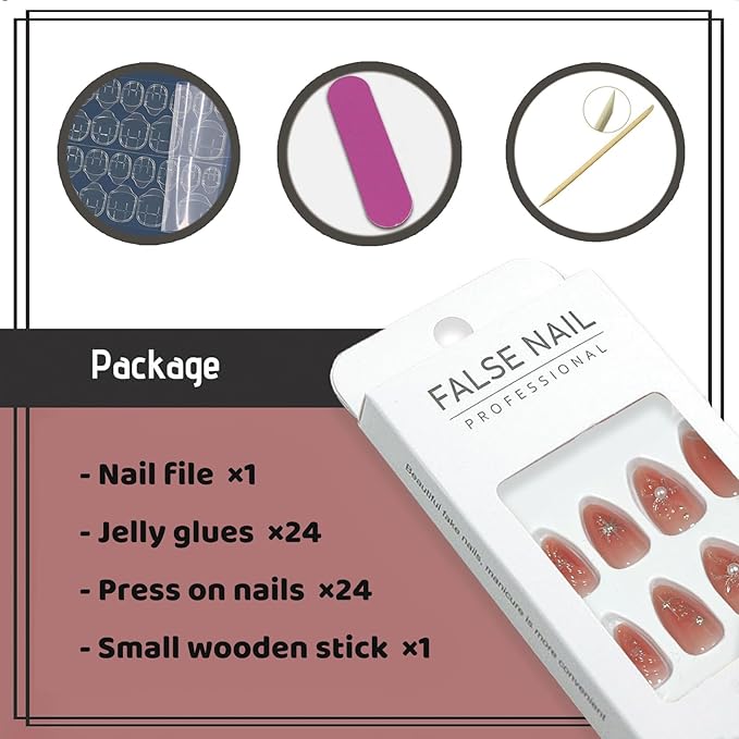 Press on Nails Almond Medium Length Fake Nails with Bow Designs Silver Sequins Glue on Artificial Nails Glossy Y2K False Nails for Women
