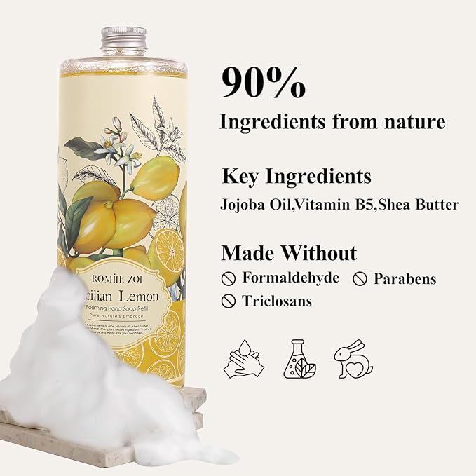 Wild Lemon Scented Foaming Hand Soap Refill Gift Set -3 Pack with Dispenser, Non-Toxic and Biodegradable Formula, Moisturizing with Essential Oil for Sensitive Skin (33.8 Fl Oz x 3)