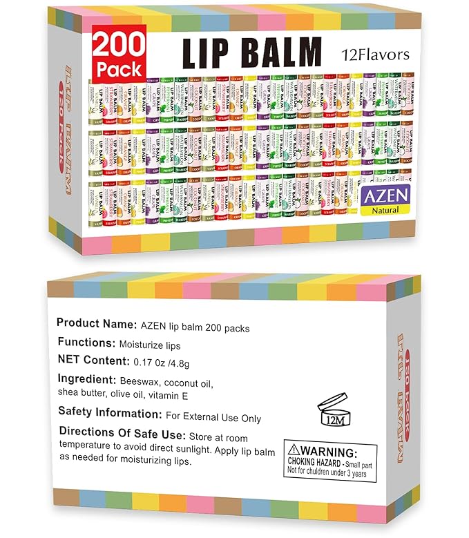 AZEN 200 Pack Lip Balm, Natural Lip Balm Bulk, Lip Care Product, Moisturizing Lip Balm for dry cracked lips - 12 Flavors-VivaGrace Women