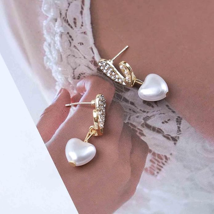 Vintage Crystal Pearl Heart Dangle Earrings Rhinestone Pearl Drop Earrings Gold Cz Pearl Stud Earrings Heart Love Earrings Jewelry for Women-VivaGrace Women