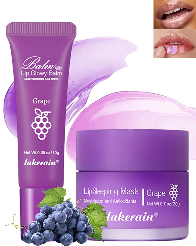 2Pcs Lip Glowy Balm & Lip Sleeping Mask Set,Hydrating Nourishing Repair Sleeping Lip Mask,Glossy Tinted Lip Balm,Day & Night Smooth Cracked Chapped Dry Lip,Lip Care Therapy Treatment for Women-04Grape-VivaGrace Women