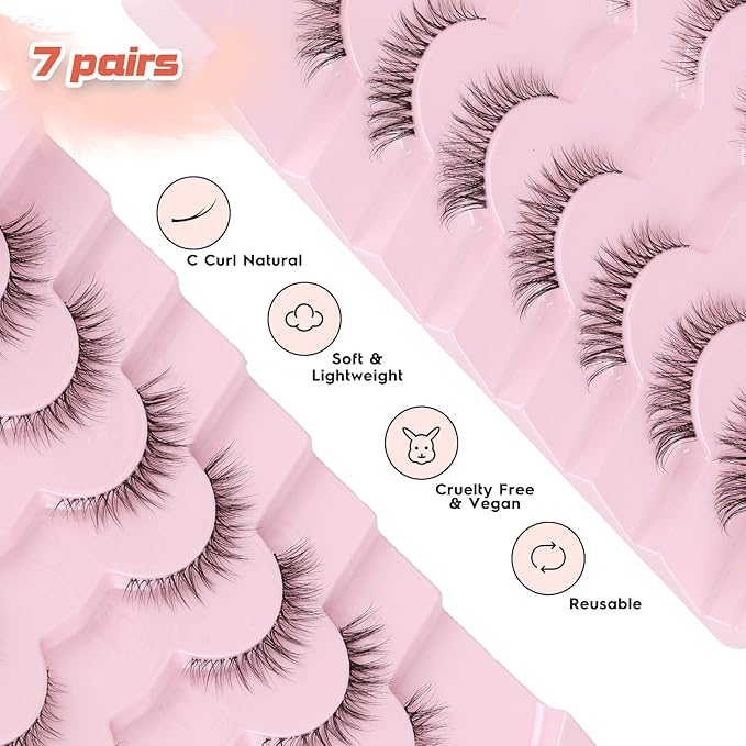 Cat Eyelashes Natural Eye Lashes 12mm False Lashes Wispy Thin Band 3D Volume Fake Eyelash C Curl Lash Pack Natural Look 7 Pair-VivaGrace Women