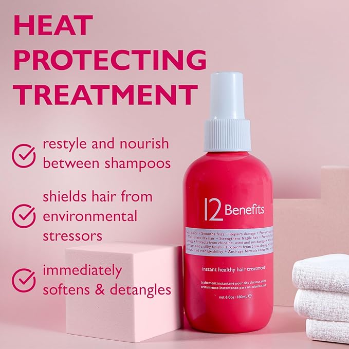 12 Benefits Leave-In Conditioner Spray – Instant Healthy Hair Treatment, Anti-Frizz, Detangles, Strengthens & Repairs, Heat Protection with Quaternium 39 & Silk Fibre Protein, 6 Fl Oz-VivaGrace Women