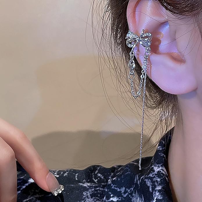 Vintage Crystal Bow Ear Cuff Earrings Rhinestone Bow Cuff Earrings Silver Long Chain Tassel Earrings Cz Chain Dangle Earrings Jewelry for Women-VivaGrace Women