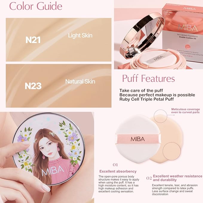 MIBA Ion Calcium Foundation Double Cushion RX 25 g / 0.88 oz Big Cushion SEASON 2 Long Lasting Effect for Dewy Skin. Skin moisturizing. Skin tightening relief. Fine coverage. Smooth adhesion (No 21)-VivaGrace Women