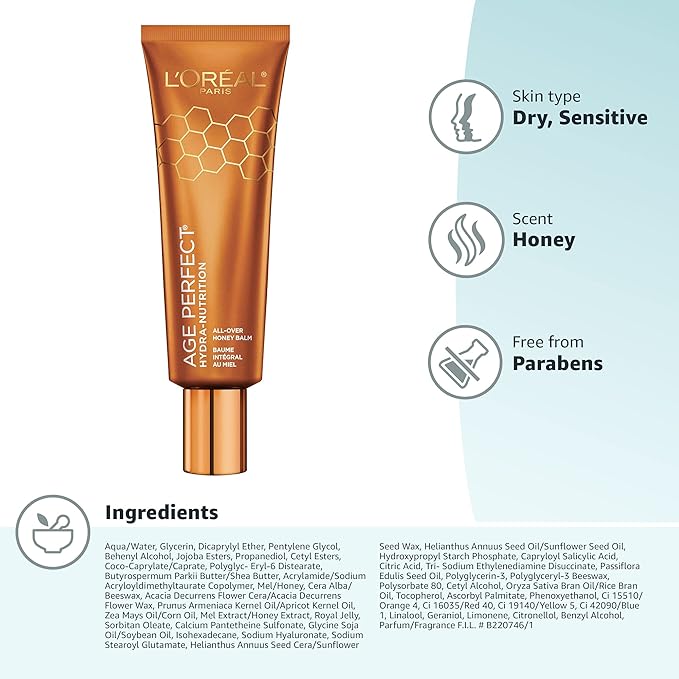 L'Oreal Paris Skincare Age Perfect Hydra-Nutrition All-Over Balm with Manuka Honey Extract and Nurturing Oils, to Soothe and Rescue Dry Skin, Paraben Free, 1.7 oz.-VivaGrace Women