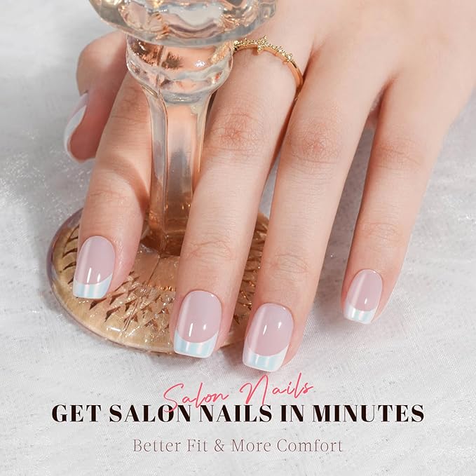 French Tip Press on Nails Short, Jofay Fashion Soft Gel Fake Nails, Classic Aurora French Nails, Reusable & Natural Acrylic False Nails, Stick on Nails for Women Girls Gift, Glue on Nails Kit 32 Pcs