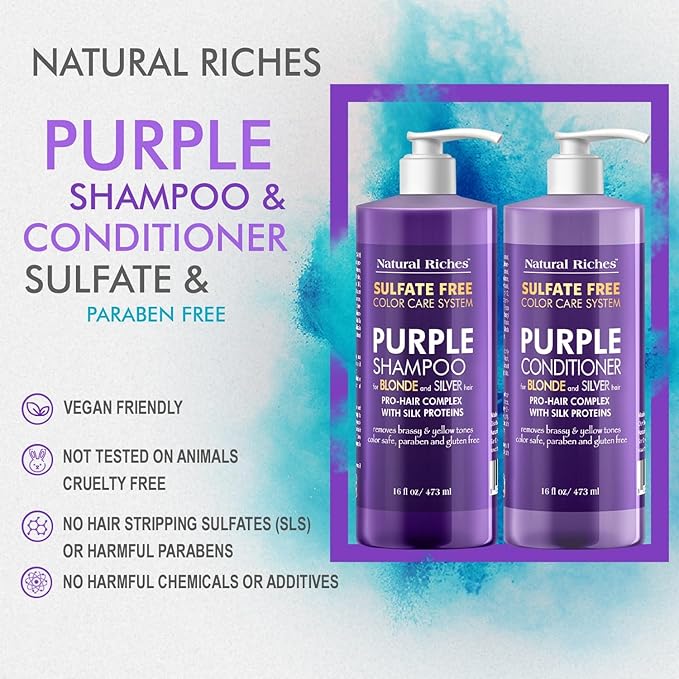 Natural Riches Purple Shampoo and Conditioner Set Sulfate Free Salon Grade for Silver Blonde Platinum Hair. Removes Yellow & Brass tones. Grey Highlighted Hair 16x2 fl oz-VivaGrace Women