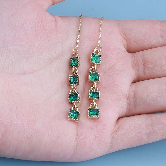 Vintage Emerald Crystal Threader Earrings Green Gem Drop Earrings Emerald Cz Square Earrings Gold Long Emerald Chain Earrings Jewelry for Women-VivaGrace Women