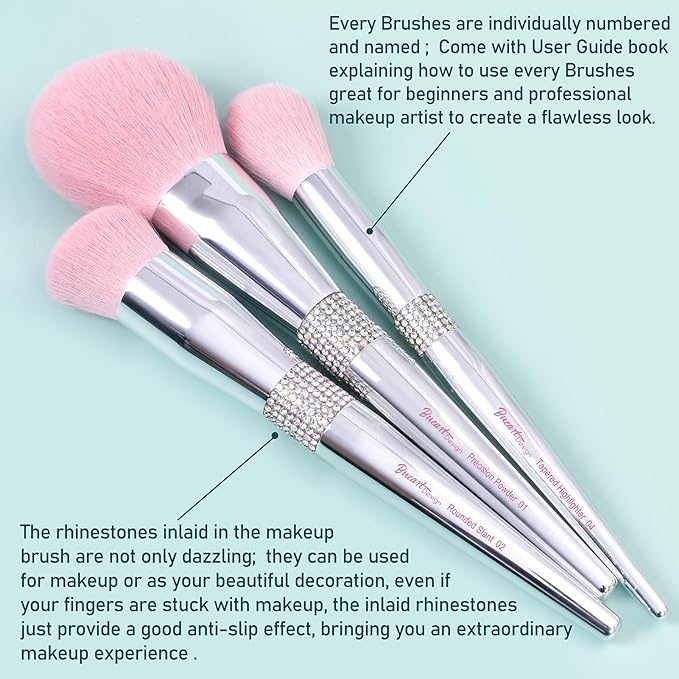 Bueart Design Elegant pink Ultra soft labeled Makeup Brushes Sets with Brush Holder makeup brush set with Foundation Powder blush blending contour Brush (15Pcs Silver Pink+Holder)-VivaGrace Women