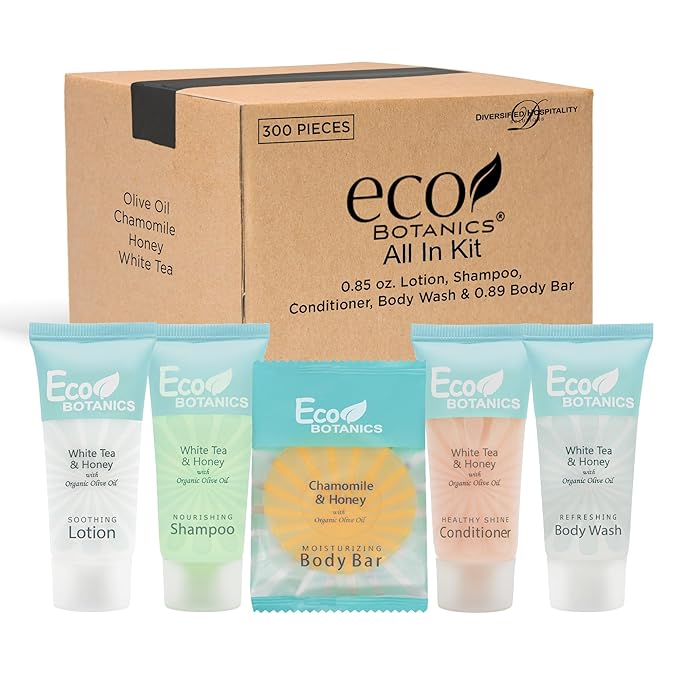Eco Botanics Hotel Soaps & Toiletries Bulk Set | 0.85oz Hotel Shampoo & Conditioner, Body Wash, Body Lotion & Bar Soap Travel Size | 300 Pieces-VivaGrace Women
