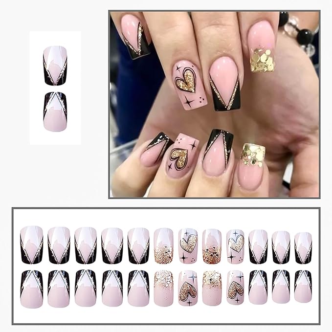 Valentine Day Press on Nails French Fake Nails Medium Square False Nails with Gold Glitter Heart Designs Valentine Nail Press ons Sparkly Artificial Nails Cute Stick on Nails for Women 24Pcs