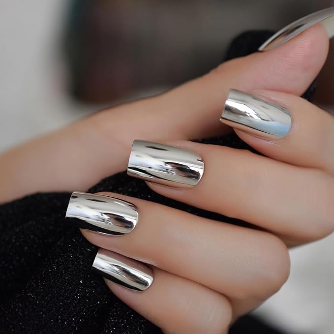 Press on Nails Square - Metallic Sliver Mirrored Chrome Fake Nails Medium Acrylic Full Cover Glue on Nails in 12 Sizes - 24 Piece Nail Kit,Natural Fit for Women & Girls Daily Wear