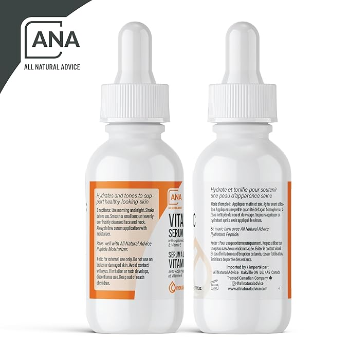 All Natural Advice Vitamin C Serum 30mL | 20% Vitamin C Face Serum Solution with Organic Botanicals, Hyaluronic Acid & Vitamin E | UV-Shielding Glass Bottle with Dropper | Canadian Skin Care-VivaGrace Women