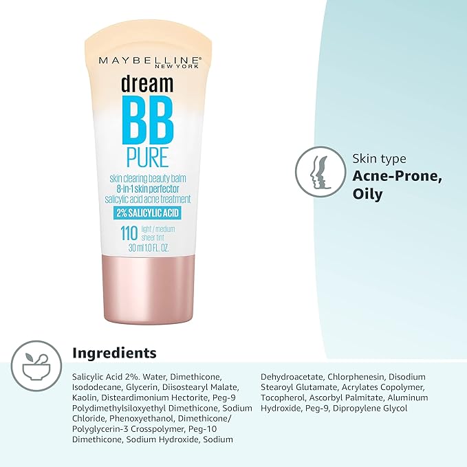 Maybelline Dream Pure Skin Clearing BB Cream, 8-in-1 Skin Perfecting Beauty Balm With 2% Salicylic Acid, Sheer Tint Coverage, Oil-Free, Light/Medium, 1 Count-VivaGrace Women