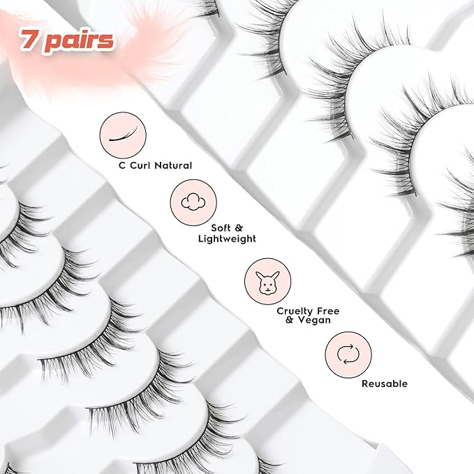 Manga Lashes Natural False Eyelashes 10MM Short Anime Lashes Thin Band Korean Lashes 3D Volume Strip Lashes Wispy Manhua Eyelashes 7 Pair Asian Lashes Siligli-VivaGrace Women