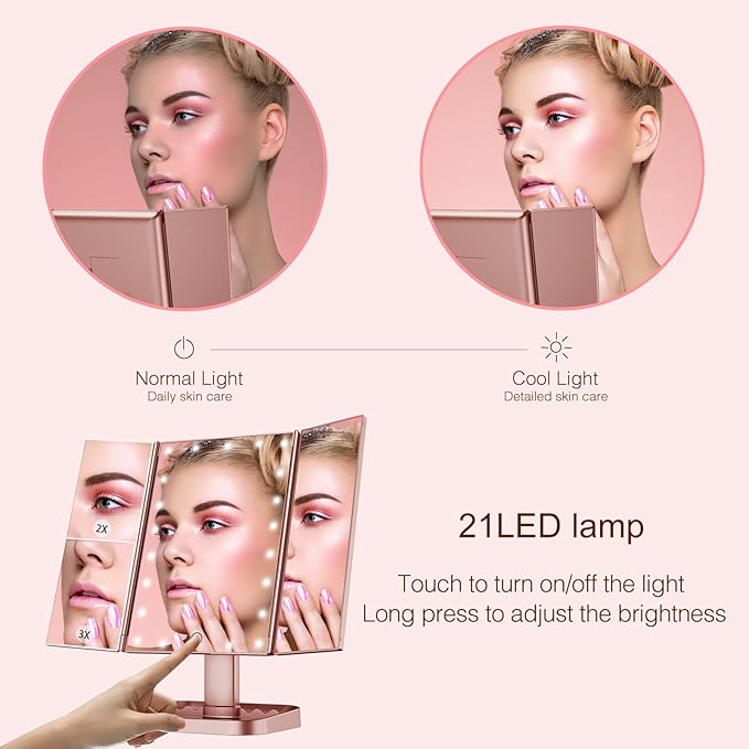 HUONUL Makeup Mirror, 10X 3X 2X Magnification, Lighted Makeup Mirror, Touch Control, Dual Power Supply, Portable LED Mirror, Women Gift (Rose Gold)-VivaGrace Women