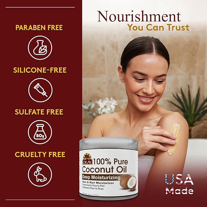 Okay 100% Pure Coconut Oil for Hair & Skin - Coconut Oil for Women & Men, Perfect for Hair & body, Natural Massage Oil & Moisturizer - 6 fl oz Jar (Pack of 1)-VivaGrace Women