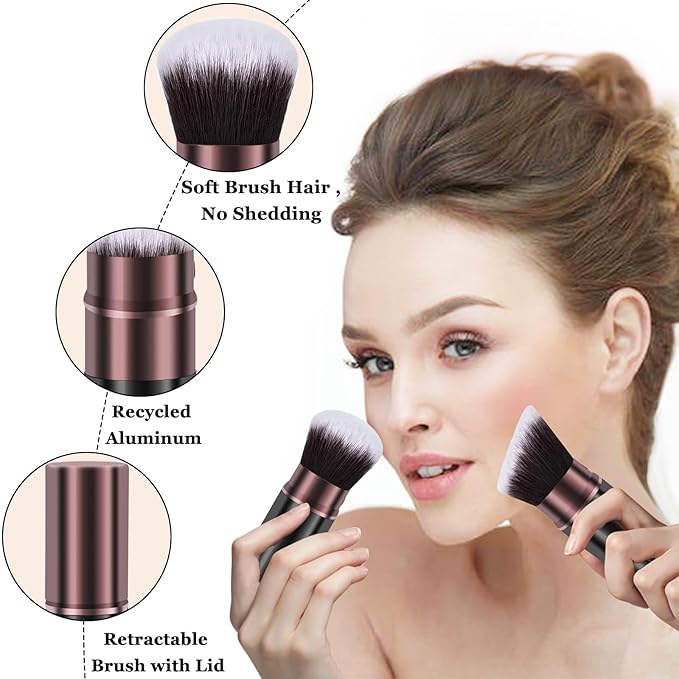 Retractable Makeup Brush, Travel Kabuki Powder Makeup Brush 2 Pack, Foundation Face Blush Brushes for Blending Liquid, Blush, Bronzer, Buffing, Sunscreen,Flawless Cosmetics-VivaGrace Women