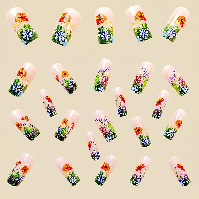 Flower Press on Nails Medium Square Fake Nails with Flower Designs Colorful Flowers Acrylic Nails Nude Pink Glossy Stick on Nails Floral False Nails for Women Girls 24Pcs